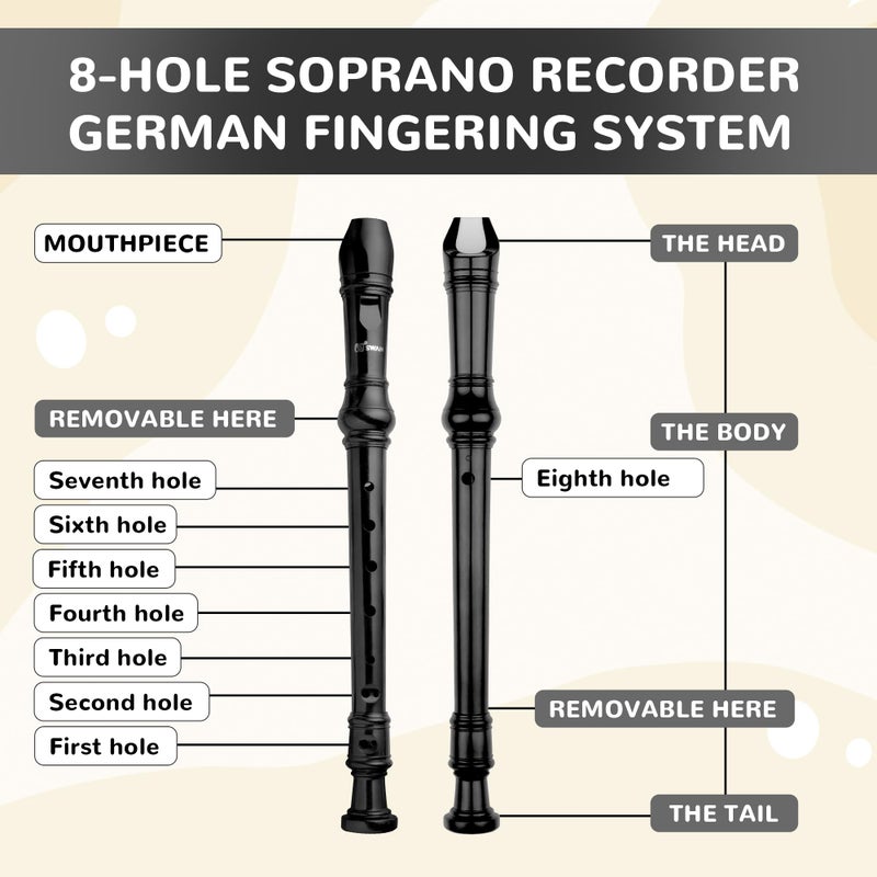 SWAN Soprano Recorder Instrument for Beginners Kids Student - German Fingering 8 Hole Flute Descant Recorders with Cleaning Rod Fingering Chart, Black - Image 4