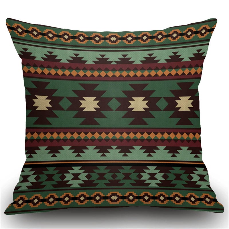 Swono Southwest Tribal Green Brown Throw Pillow Cover Cushion Case for Home Decor Sofa Couch 18"" x 18"" Inch Cotton Linen Farmhouse Decorations