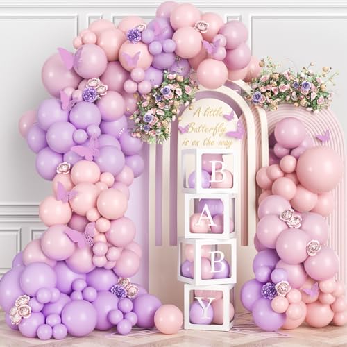 SNLN Butterfly Baby Shower Decorations for Girl Pink Purple Balloon Arch Kit Baby Boxes with Letter A Little Butterfly is on Her Way Baby Shower Decoration for Girl Birthday Birthday Party Supplies - Image 1