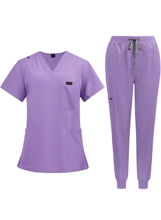 إسكدنيا الصلبة لون الزي الطبي ماتي تناسب الخامس الرقبة والسراويل الركض تناسب الأرجواني - Image 1