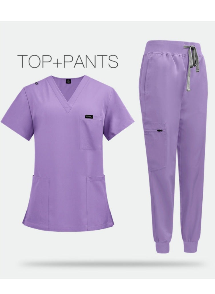 إسكدنيا الصلبة لون الزي الطبي ماتي تناسب الخامس الرقبة والسراويل الركض تناسب الأرجواني - Image 2