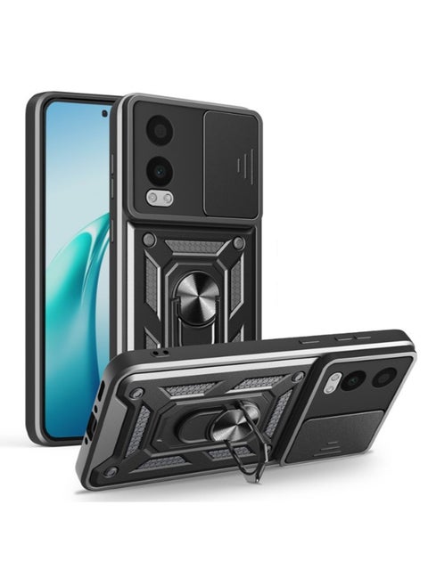 OnePlus Nord CE4 Lite 5G Case Cover, Slide Camera Lens Cover, 360°Rotating Kickstand Ring, Support Magnetic Car Mount Shockproof Mobile Phone Case Black