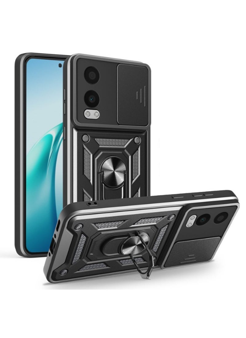 Generic - OnePlus Nord CE4 Lite 5G Case Cover, Slide Camera Lens Cover, 360°Rotating Kickstand Ring, Support Magnetic Car Mount Shockproof Mobile Phone Case Black - Image 1