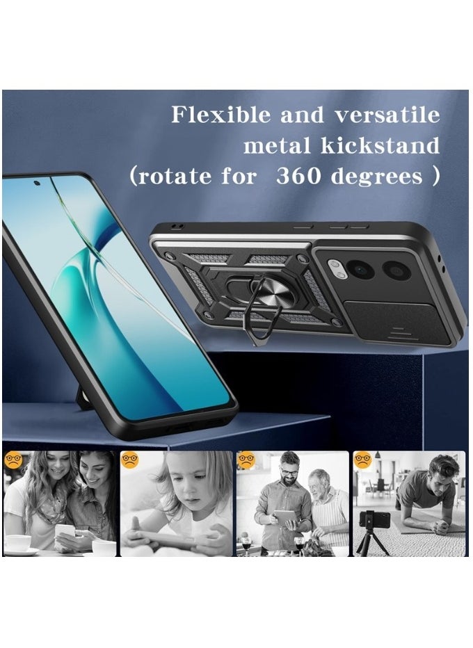 Generic - OnePlus Nord CE4 Lite 5G Case Cover, Slide Camera Lens Cover, 360°Rotating Kickstand Ring, Support Magnetic Car Mount Shockproof Mobile Phone Case Black - Image 1