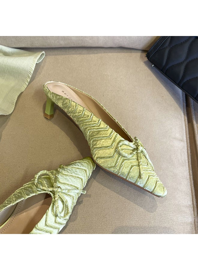 3582-3 Fruit Green High-level Design Bow Pointed Mid-heel Muller Shoes Women's Fine Heel High Heel Half Slippers
