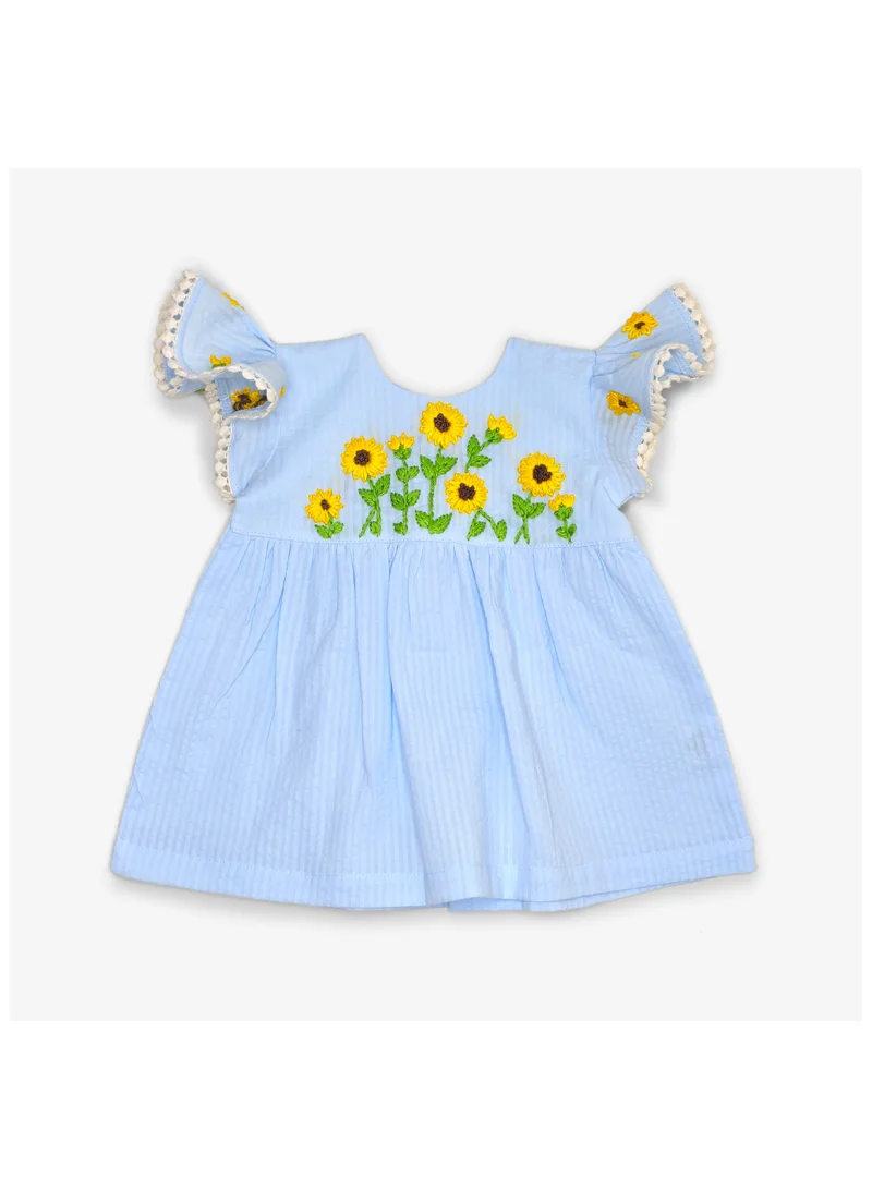 كيبي فستان أزرق للفتيات من كيبي، مطرز بزهرة عباد الشمس، بأكمام مكشكشة، من القطن العضوي