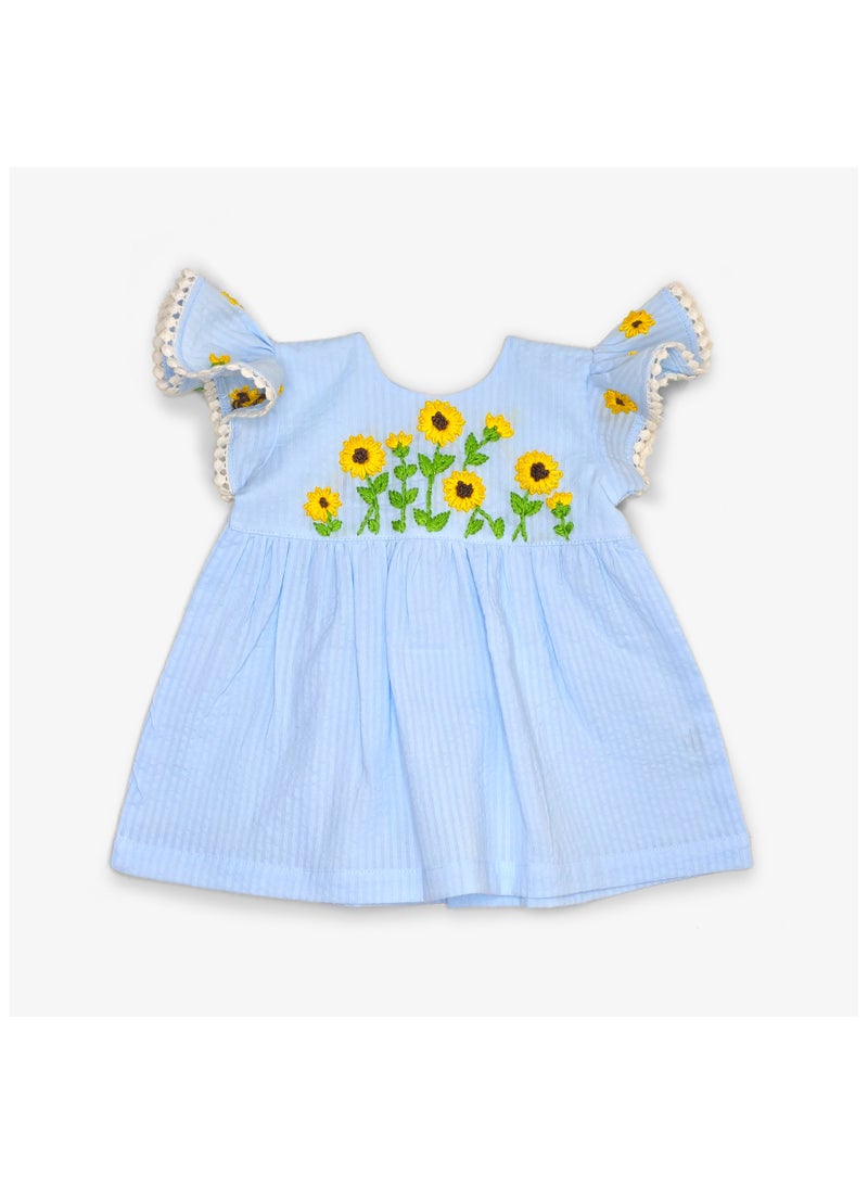 Keebee Organic Cotton Sunflower Embroidered Girls Blue Dress with Ruffled Sleeves - Image 1