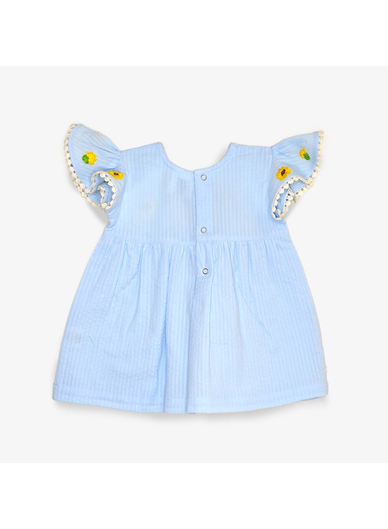 Keebee Organic Cotton Sunflower Embroidered Girls Blue Dress with Ruffled Sleeves - Image 2