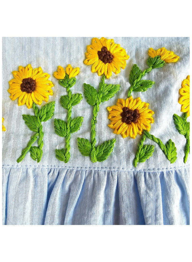 Keebee Organic Cotton Sunflower Embroidered Girls Blue Dress with Ruffled Sleeves - Image 3