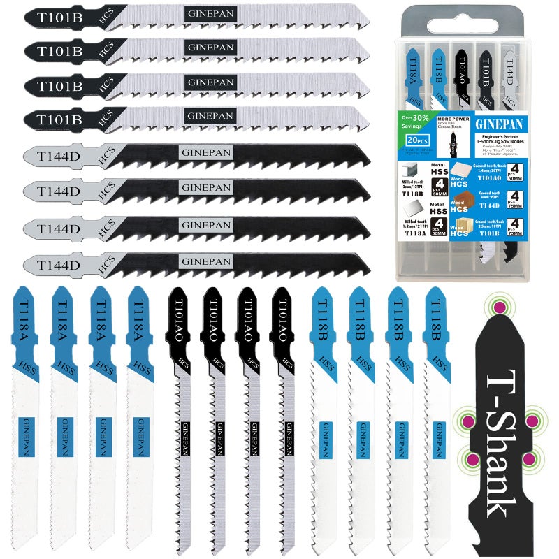 20PCS T Shank Jigsaw Blades Tool for Wood Plastic Metal Compatible with 90 Power Jig Saws Such as Bosch DEWALT RYOBI One Makita SKIL BlackDecker Includes 4 Each of T101B T101AO T144D T118A T118B