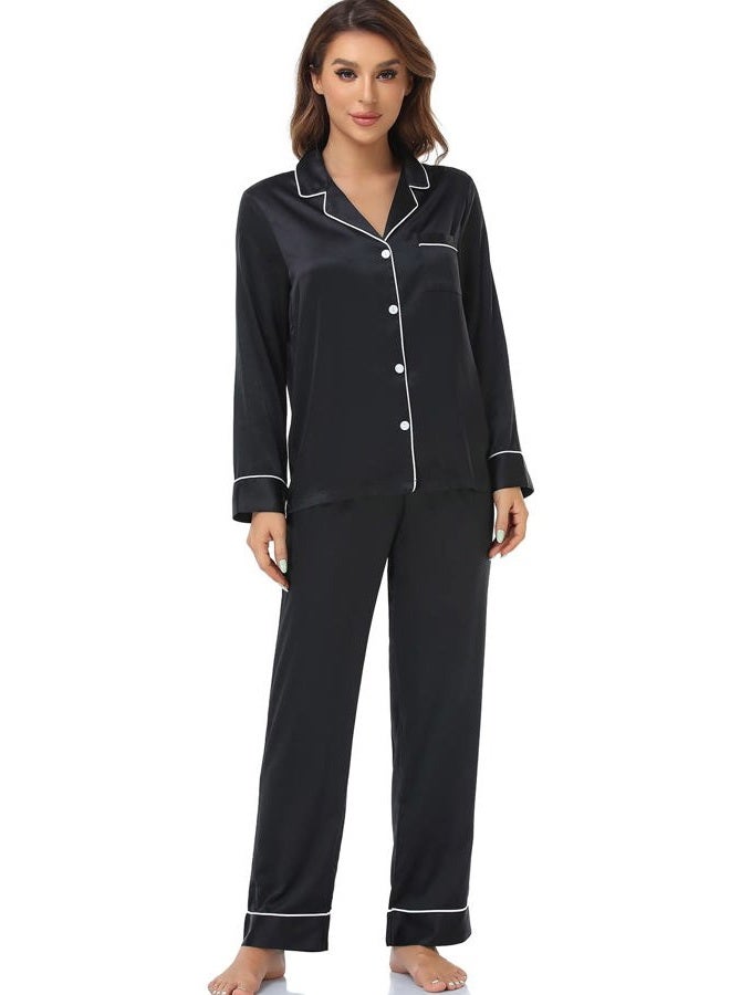 Serenedelicacy Women's Satin Pajama Set Long Sleeve Button Down Sleepwear 2-Piece Silky Pj Set, Black, XL - Image 3