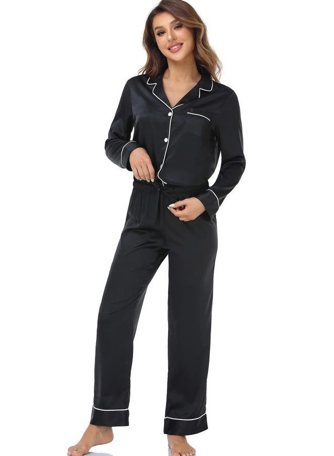 Serenedelicacy Women's Satin Pajama Set Long Sleeve Button Down Sleepwear 2-Piece Silky Pj Set, Black, XL - Image 4