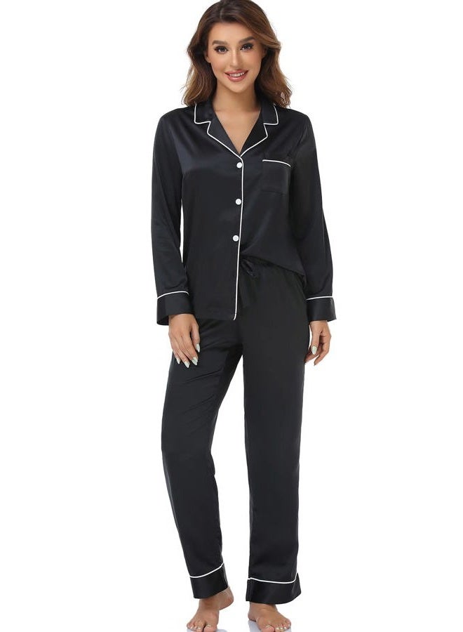 Serenedelicacy Women's Satin Pajama Set Long Sleeve Button Down Sleepwear 2-Piece Silky Pj Set, Black, XL - Image 1