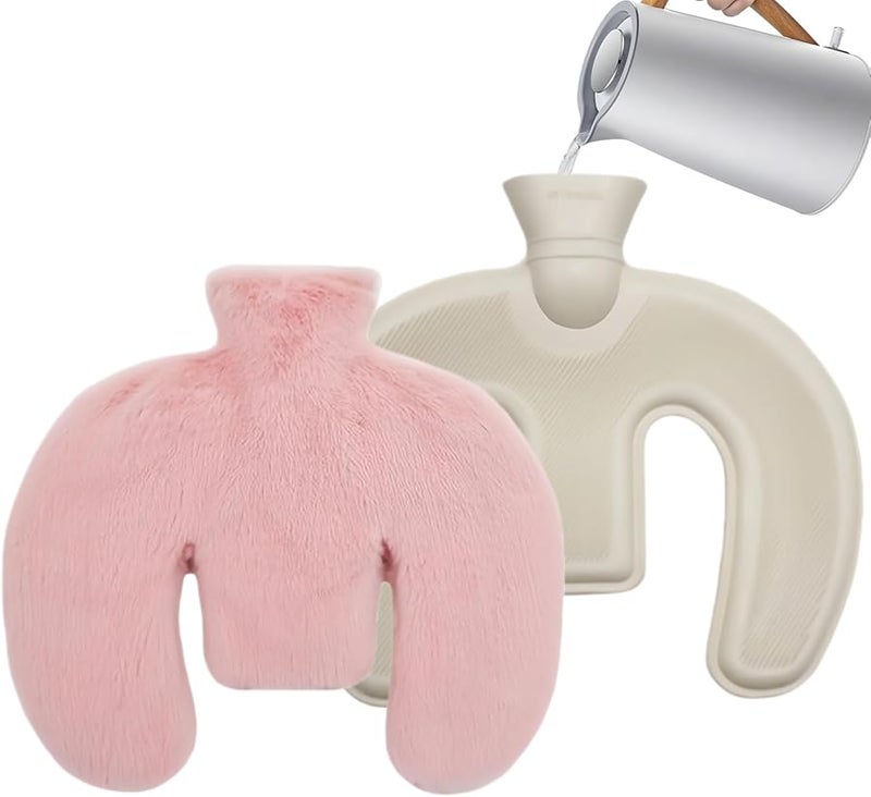 Pink U Shape Hot Water Bottle 1L Heating Pad with Soft Cover for Neck Body Warmth Support Travel Home Office - Image 2