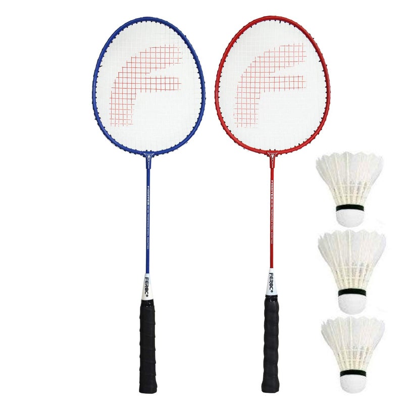 FEROC Fighter Aluminum Badminton Racquet Set of 2 with- 3 Pieces Feather SHUTTLES Badminton kit, Red - Image 1