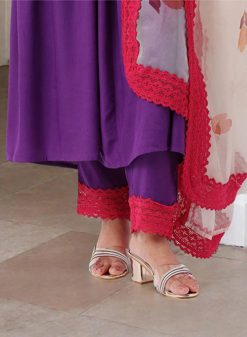 آي شين طقم كورتا نسائي بنفسجي من الرايون مزين بطيات أمامية بطول كامل وقصة مستقيمة