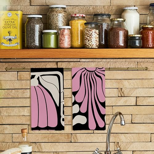 Qpenm Abstract Boho Pink and Beige Floral Kitchen Towels Set of 2, Retro 70s Groovy Floral Hand Towels for Bathroom Decor, Modern Minimalist Botanical Dish Tea Towels for Kitchen Decor, 16x24 Inch - Image 2