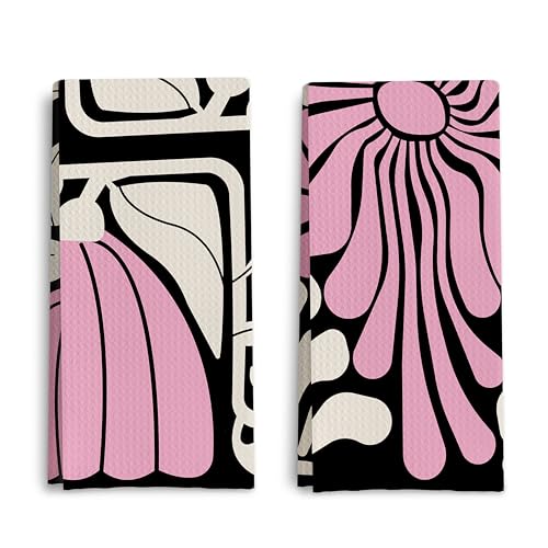 Qpenm Abstract Boho Pink and Beige Floral Kitchen Towels Set of 2, Retro 70s Groovy Floral Hand Towels for Bathroom Decor, Modern Minimalist Botanical Dish Tea Towels for Kitchen Decor, 16x24 Inch - Image 1