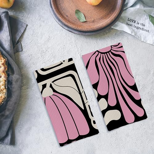 Qpenm Abstract Boho Pink and Beige Floral Kitchen Towels Set of 2, Retro 70s Groovy Floral Hand Towels for Bathroom Decor, Modern Minimalist Botanical Dish Tea Towels for Kitchen Decor, 16x24 Inch - Image 4