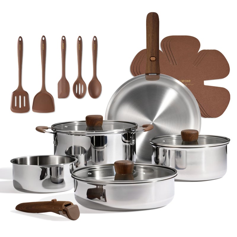 CAROTE 19pcs Stainless Steel Cookware Set with Detachable Handle, Pots and Pans Set, Induction Kitchen Cooking Sets, RV/Camping Cookware, Removable Handle, Oven Safe, Woodgrain - Image 1