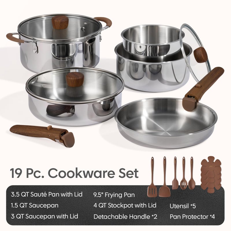 CAROTE 19pcs Stainless Steel Cookware Set with Detachable Handle, Pots and Pans Set, Induction Kitchen Cooking Sets, RV/Camping Cookware, Removable Handle, Oven Safe, Woodgrain - Image 2