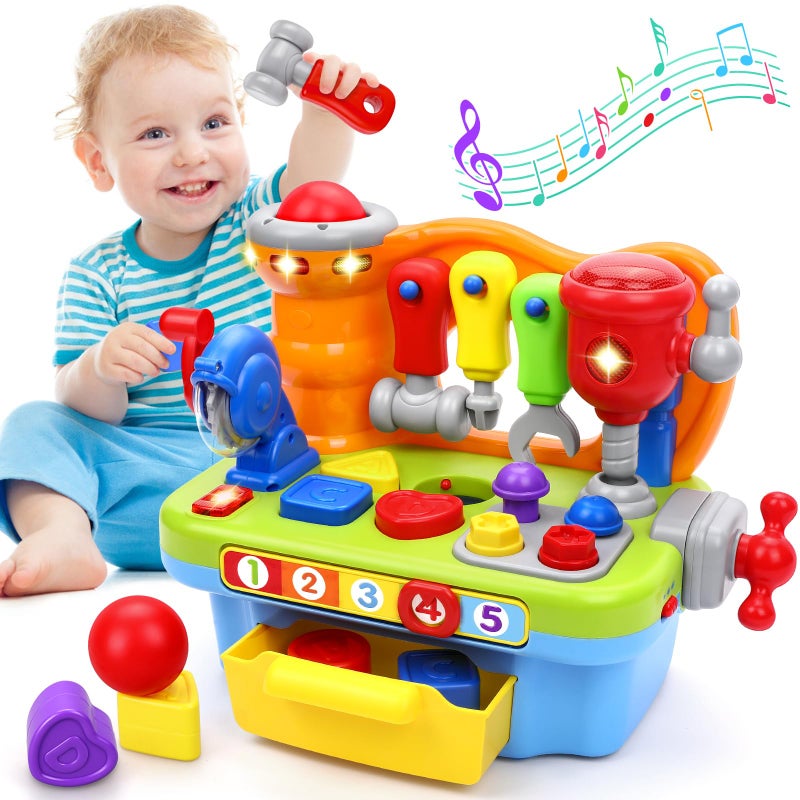 ORWINE Toys for 1 Year Old Boy Musical Toddler Tool Bench Montessori Educational Toys with Sound Lights Effect Shape Sorter One Year Old Boy Birthday Gift Engineer Pretend Play Workbench - Image 3
