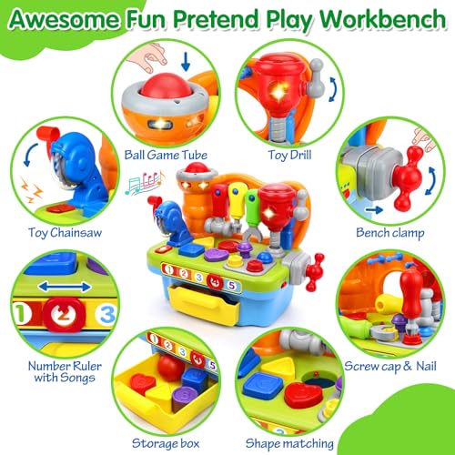ORWINE Toys for 1 Year Old Boy Musical Toddler Tool Bench Montessori Educational Toys with Sound Lights Effect Shape Sorter One Year Old Boy Birthday Gift Engineer Pretend Play Workbench - Image 5