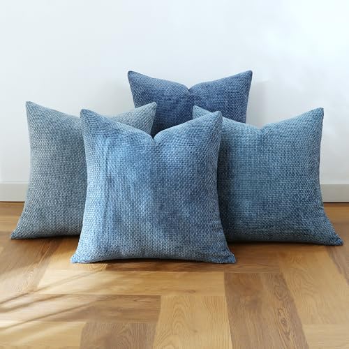 Stellhome Set of 4 Neutral Decorative Throw Pillow Covers Soft Chenille Woven Textured Luxury Accent Cushion Cases for Living Room Couch Bed Sofa Farmhouse Boho Home, 18x18 inch, Neutral Blue - Image 1