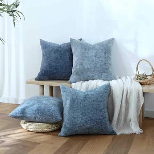Stellhome Set of 4 Neutral Decorative Throw Pillow Covers Soft Chenille Woven Textured Luxury Accent Cushion Cases for Living Room Couch Bed Sofa Farmhouse Boho Home, 18x18 inch, Neutral Blue - Image 2