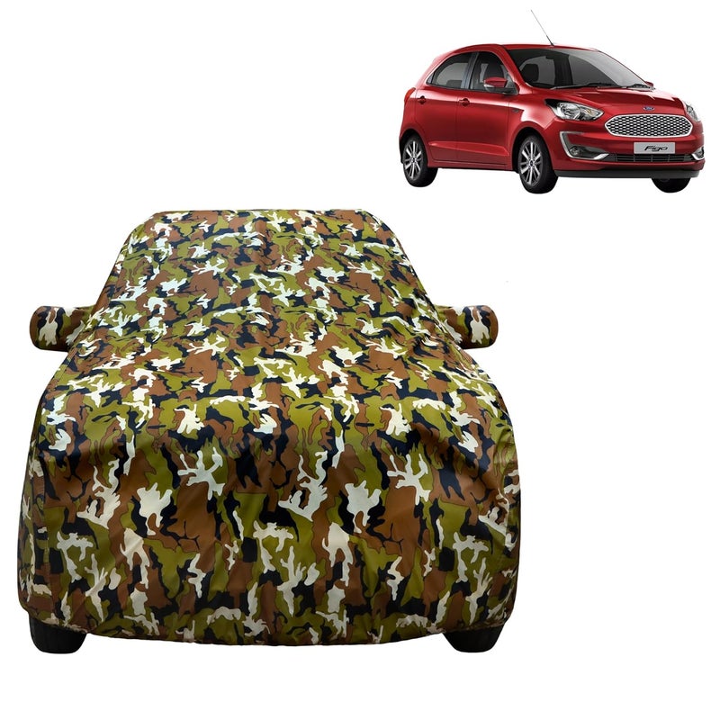 VYAS 100% Waterproof Car Body Cover for Ford Figo (2010-2021) with Mirror Pocket Triple Stitched Belt & Buckle Fitting Dual Elastic, Durable Material Jungle Print Camouflage Design - Image 1
