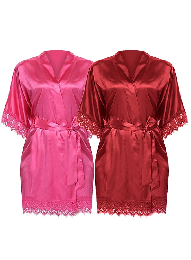 MARGOUN 2 Pack Large Size Women Satin Robe Belted Silky Robe Sleepwear Bridal Robe Kimono Lace Sleeve Nightgown /L(bust:84-88/waist:68-72) - Image 3