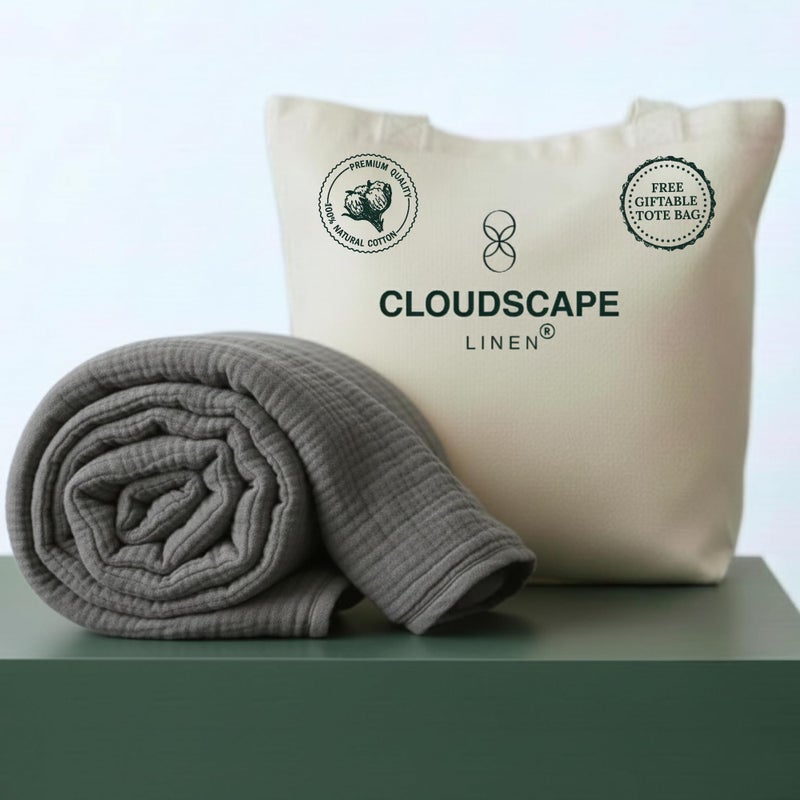 CLOUDSCAPE LINEN Luxury 100 Cotton Muslin Throw Blanket 4 Layer Extra Large 50x70in Perfect for Couch Sofa Home Decor Soft Cotton Gauze Travel Blanket Winter Cozy Throw All Season Sharkskin