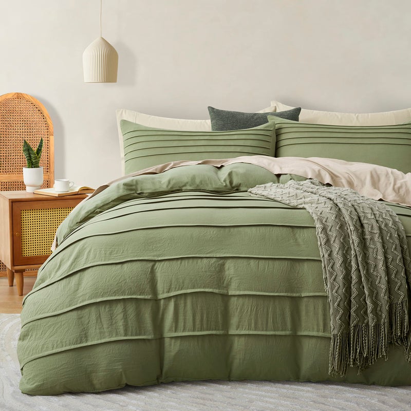 Oli Anderson Sage Green Duvet Cover Queen Size  Pleated Queen Duvet Cover 3PCS Soft and Breathable Textured Bedding Set with Zipper ClosureSage Green90x90