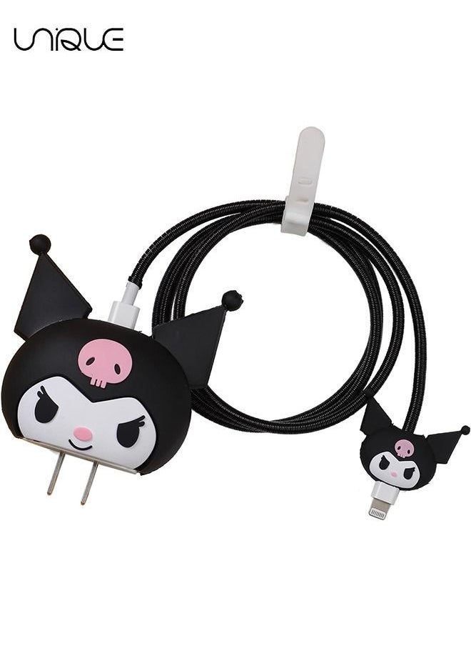 Unique - 3D Cute Cartoon Charger Protector Case - Compatible for Apple 18/20W USB-C Power Adapter and Lightning Cable (Black ) - Image 1