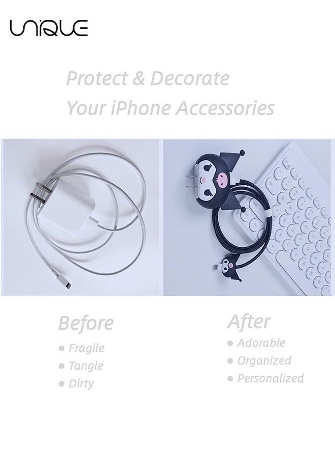 Unique - 3D Cute Cartoon Charger Protector Case - Compatible for Apple 18/20W USB-C Power Adapter and Lightning Cable (Black ) - Image 1