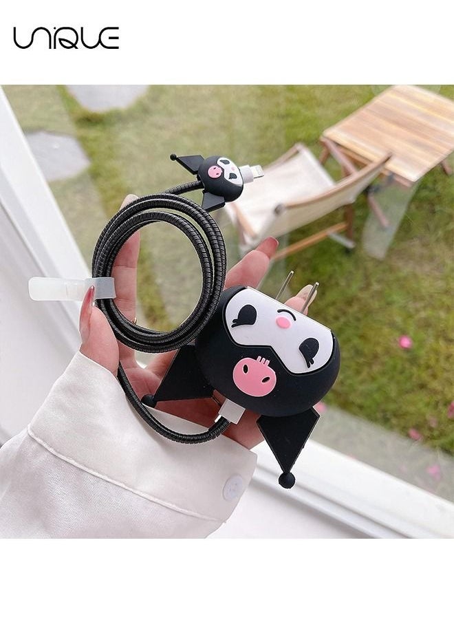 Unique - 3D Cute Cartoon Charger Protector Case - Compatible for Apple 18/20W USB-C Power Adapter and Lightning Cable (Black ) - Image 1