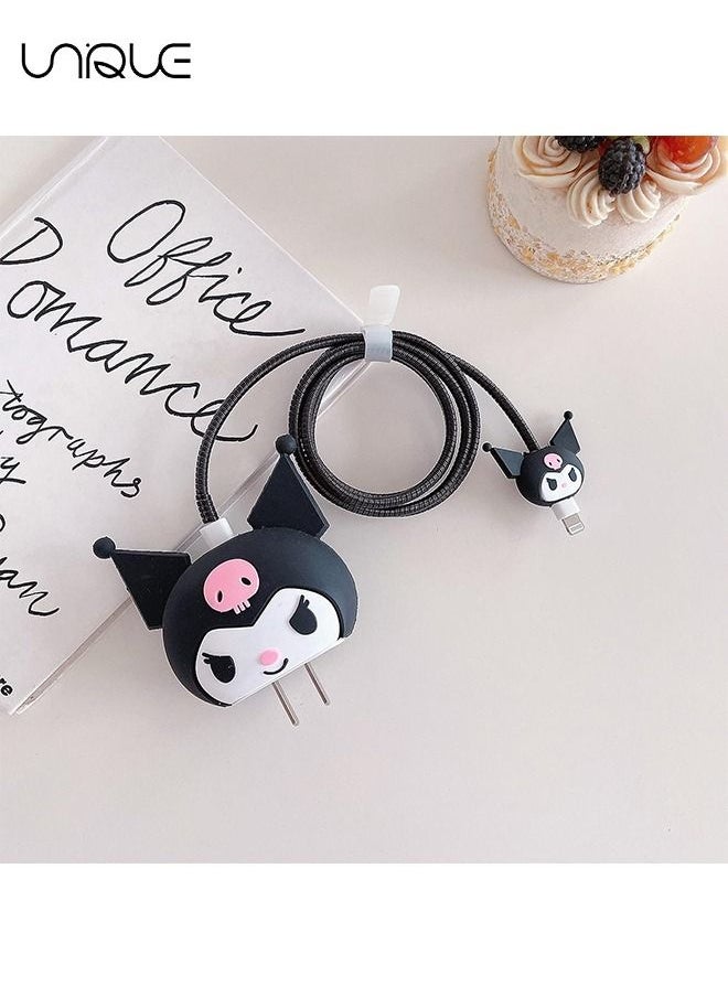 Unique - 3D Cute Cartoon Charger Protector Case - Compatible for Apple 18/20W USB-C Power Adapter and Lightning Cable (Black ) - Image 1