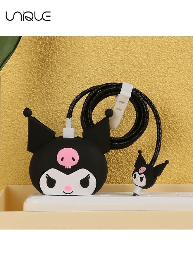 Unique - 3D Cute Cartoon Charger Protector Case - Compatible for Apple 18/20W USB-C Power Adapter and Lightning Cable (Black ) - Image 1