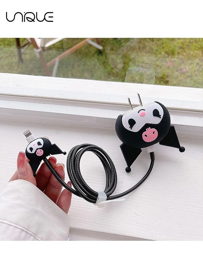 Unique - 3D Cute Cartoon Charger Protector Case - Compatible for Apple 18/20W USB-C Power Adapter and Lightning Cable (Black ) - Image 1