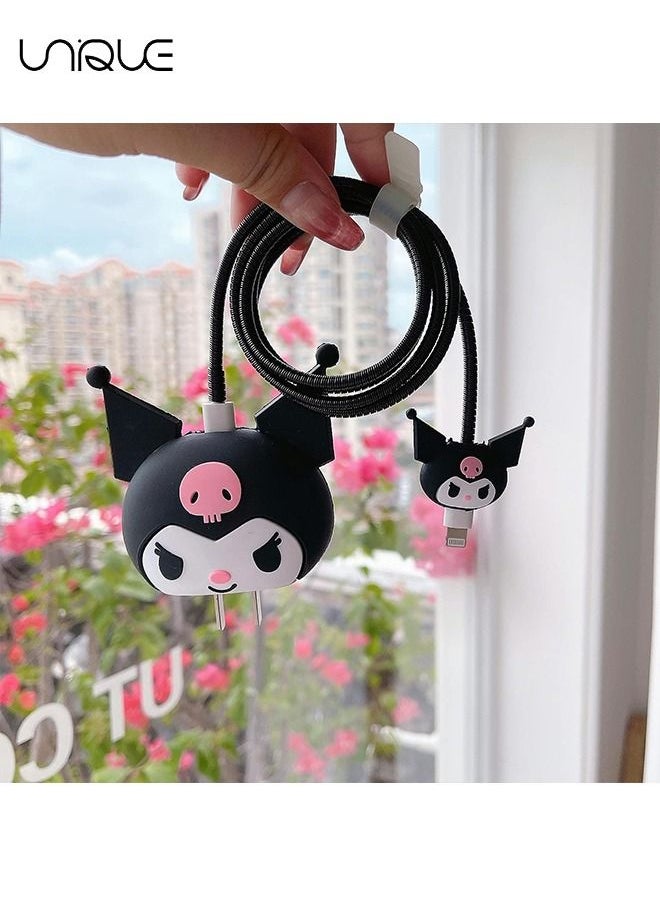 Unique - 3D Cute Cartoon Charger Protector Case - Compatible for Apple 18/20W USB-C Power Adapter and Lightning Cable (Black ) - Image 1