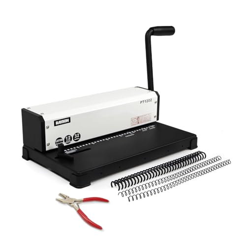 Rayson PT1202 Coil Binding Machine, 3:1 Pitch, 32 Hole Punch for Spiral & Click Binding Spines, Metal Spiral Binder Hole Punch, Punches 12 Sheets at a Time - Image 1