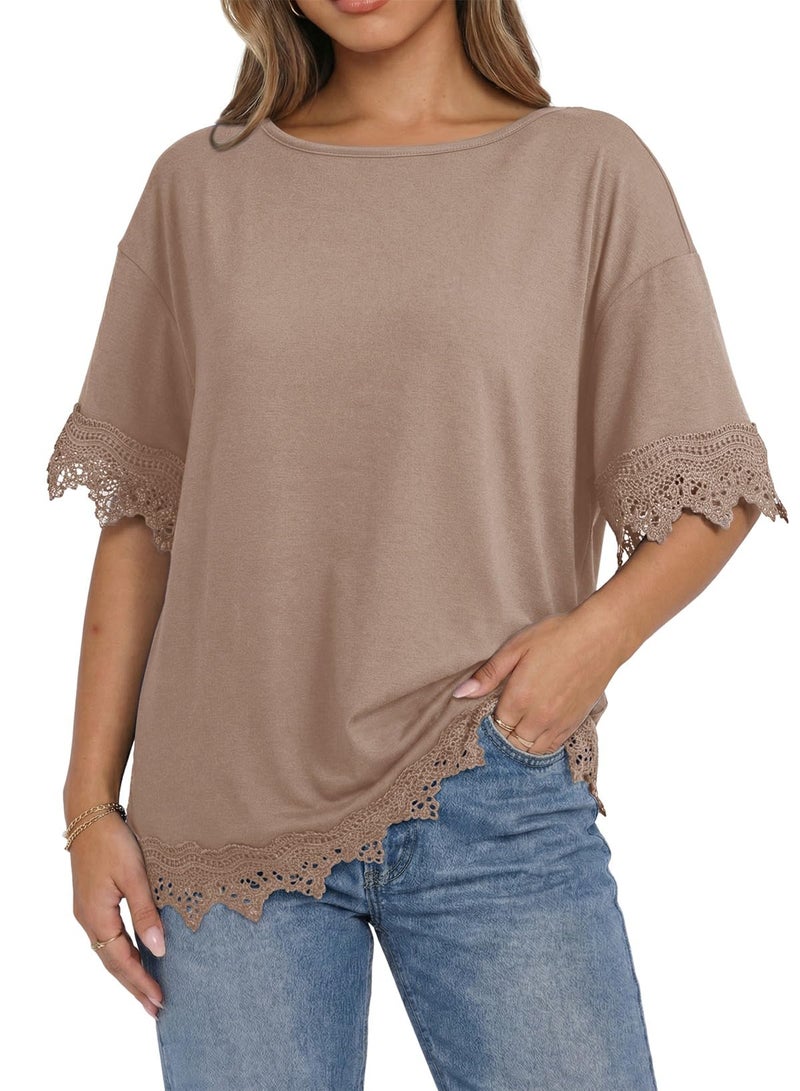 Dokotoo Oversized T Shirt for Women Fashion Trendy 2026 Summer Casual Loose Short Sleeve Tops Crewneck Lace Tees Shirts Khaki Medium - Image 4