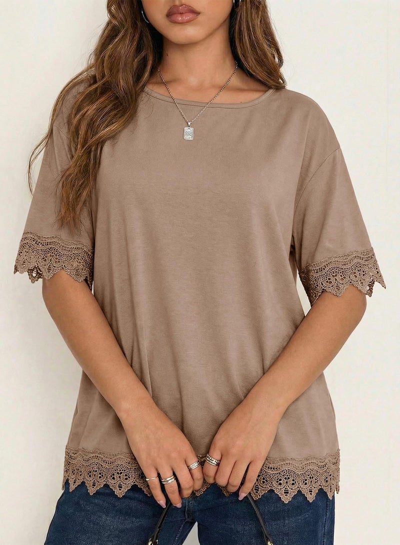 Dokotoo Oversized T Shirt for Women Fashion Trendy 2026 Summer Casual Loose Short Sleeve Tops Crewneck Lace Tees Shirts Khaki Medium - Image 5