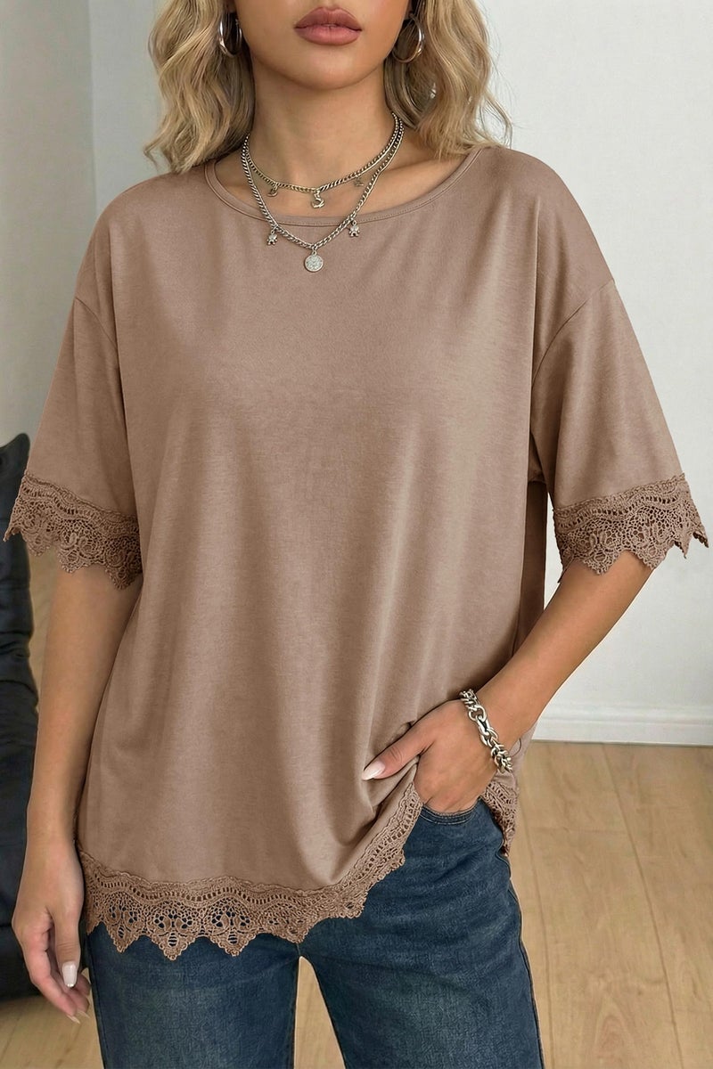 Dokotoo Oversized T Shirt for Women Fashion Trendy 2026 Summer Casual Loose Short Sleeve Tops Crewneck Lace Tees Shirts Khaki Medium - Image 3