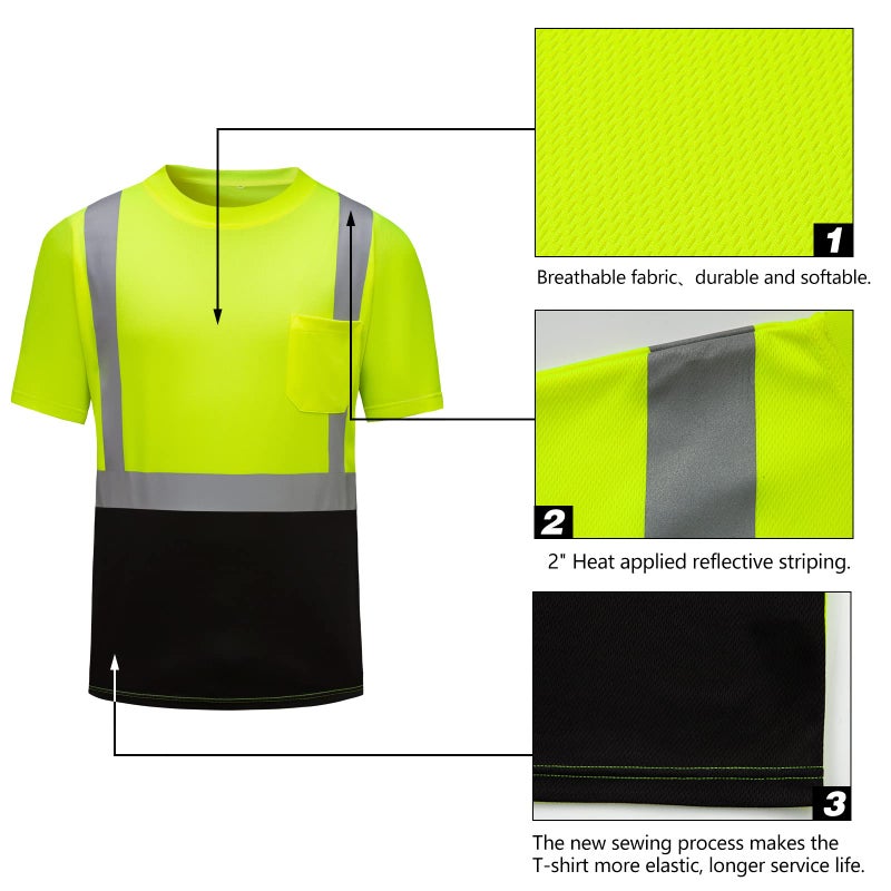 DPSAFETY High Visibility Shirts Quick Dry Safety T Shirts with Reflective Strips and Pocket Short Sleeve Mesh Hi Vis Construction Work Class 2 Shirt for Men/Women Black Bottom Lime,Medium - Image 2