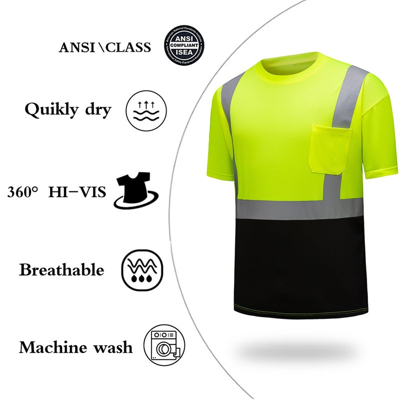 DPSAFETY High Visibility Shirts Quick Dry Safety T Shirts with Reflective Strips and Pocket Short Sleeve Mesh Hi Vis Construction Work Class 2 Shirt for Men/Women Black Bottom Lime,Medium - Image 3