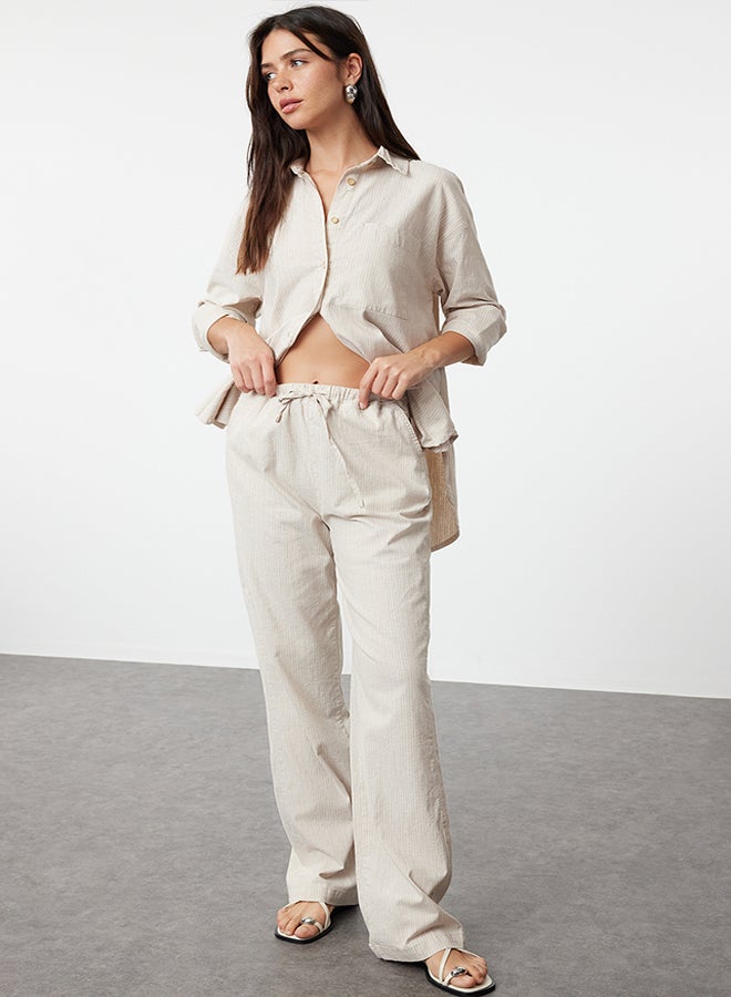 trendyol Beige Linen Blend High Waist Striped Wide Leg Trousers TWOAW25JE00013  - Image 1