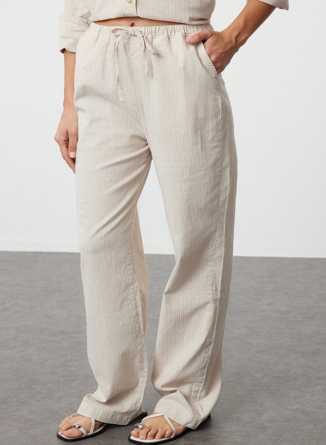 trendyol Beige Linen Blend High Waist Striped Wide Leg Trousers TWOAW25JE00013  - Image 4