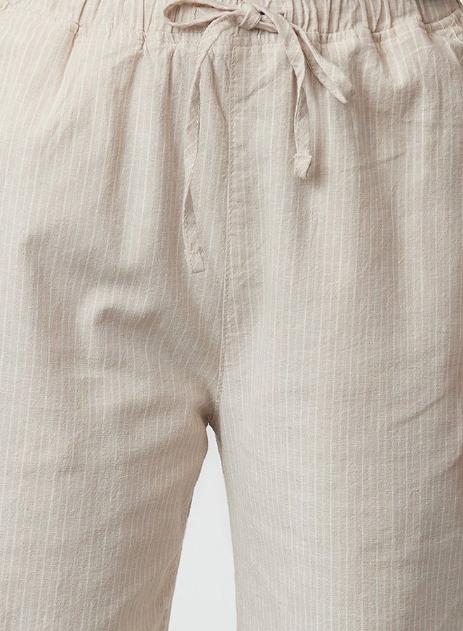 trendyol Beige Linen Blend High Waist Striped Wide Leg Trousers TWOAW25JE00013  - Image 3
