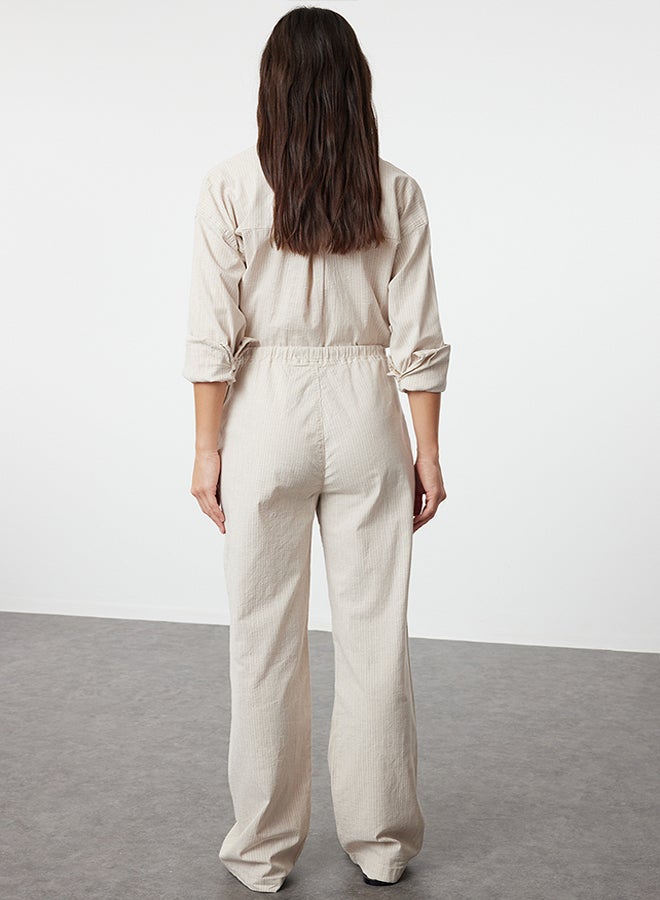 trendyol Beige Linen Blend High Waist Striped Wide Leg Trousers TWOAW25JE00013  - Image 5